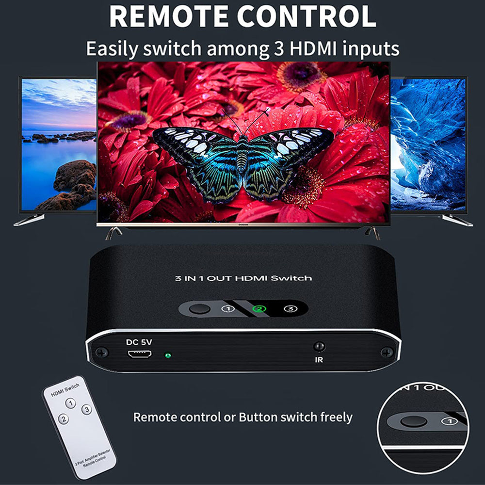 HDMI Switcher with Remote Control 3 in 1 Out Splitter Selector Box 4K30hz 1080P60hz for Xbox PS4 PS3 Fire Stick Blu-Ray Apple TV PC