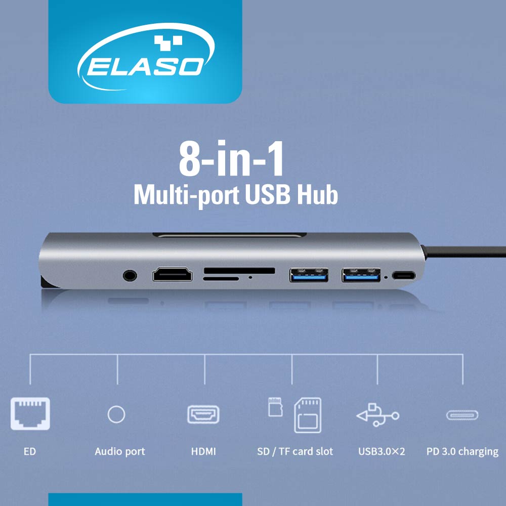 USB Type-C HUB Docking Station 8-in-1 4K HDMI Audio Ethernet USB3.0 SD/TF Card 100w PD fast charging USB-C 3.1 Adapter