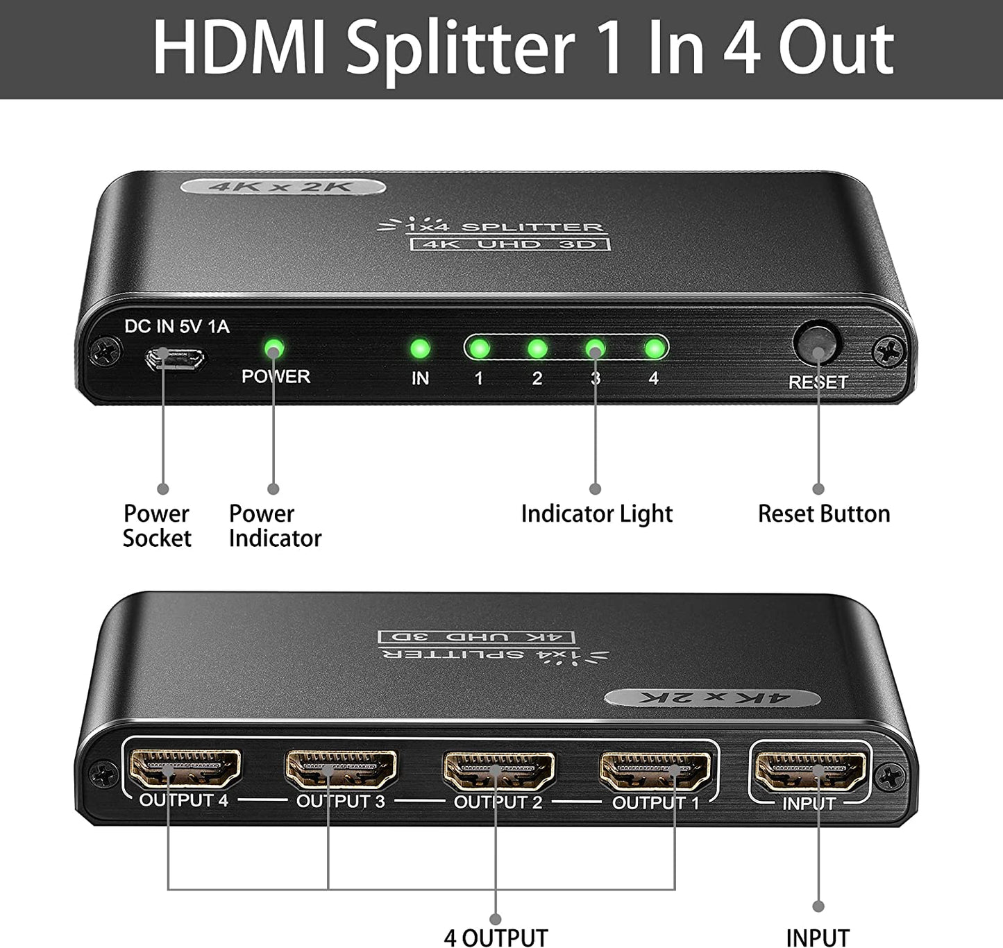 HDMI Splitter 1 in 4 Out 4K Aluminum 1.4 HDCP Supports 4K30HZ 3D 1080P for Xbox PS4 PS3 Fire Stick Blu-Ray Apple TV