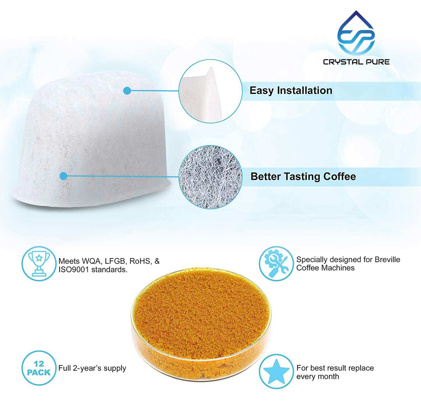 12 Packs Replacement Water Filters for Breville BES250 BES980 BES920 BES870 BEP920 BES990 BES810 BES860 BES840 BWF100 BEC250 BES250 Coffee Machine
