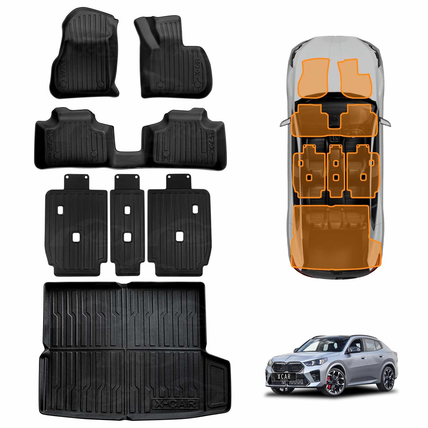 Floor Mats Boot Liner Set for BMW X2 U10 Series 2023-Onwards Heavy Duty All Weather Car Trunk Cargo Kick Back Seat Cover