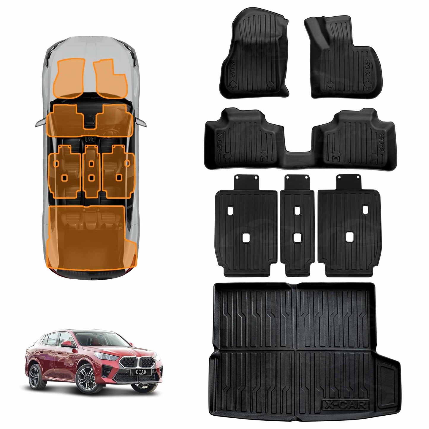 Floor Mats Boot Liner Set for BMW X2 U10 Series 2023-Onwards Heavy Duty All Weather Car Trunk Cargo Kick Back Seat Cover