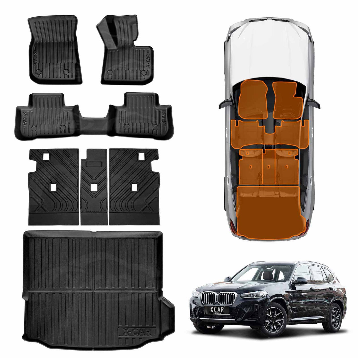3D Floor Mats Boot Liner Set for BMW X3 M G01 F97 2017-2024 All Weather Heavy Duty Cargo Kick Mats Back Seat Protector Cover