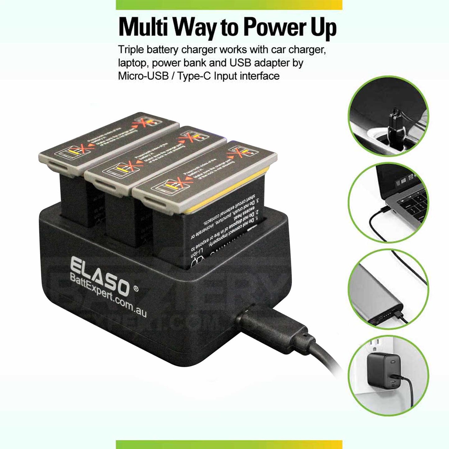 USB Triple Battery Charger for DJI Osmo Action Camera, Part OSMOAP1 AB1-1300mAh-3.85V