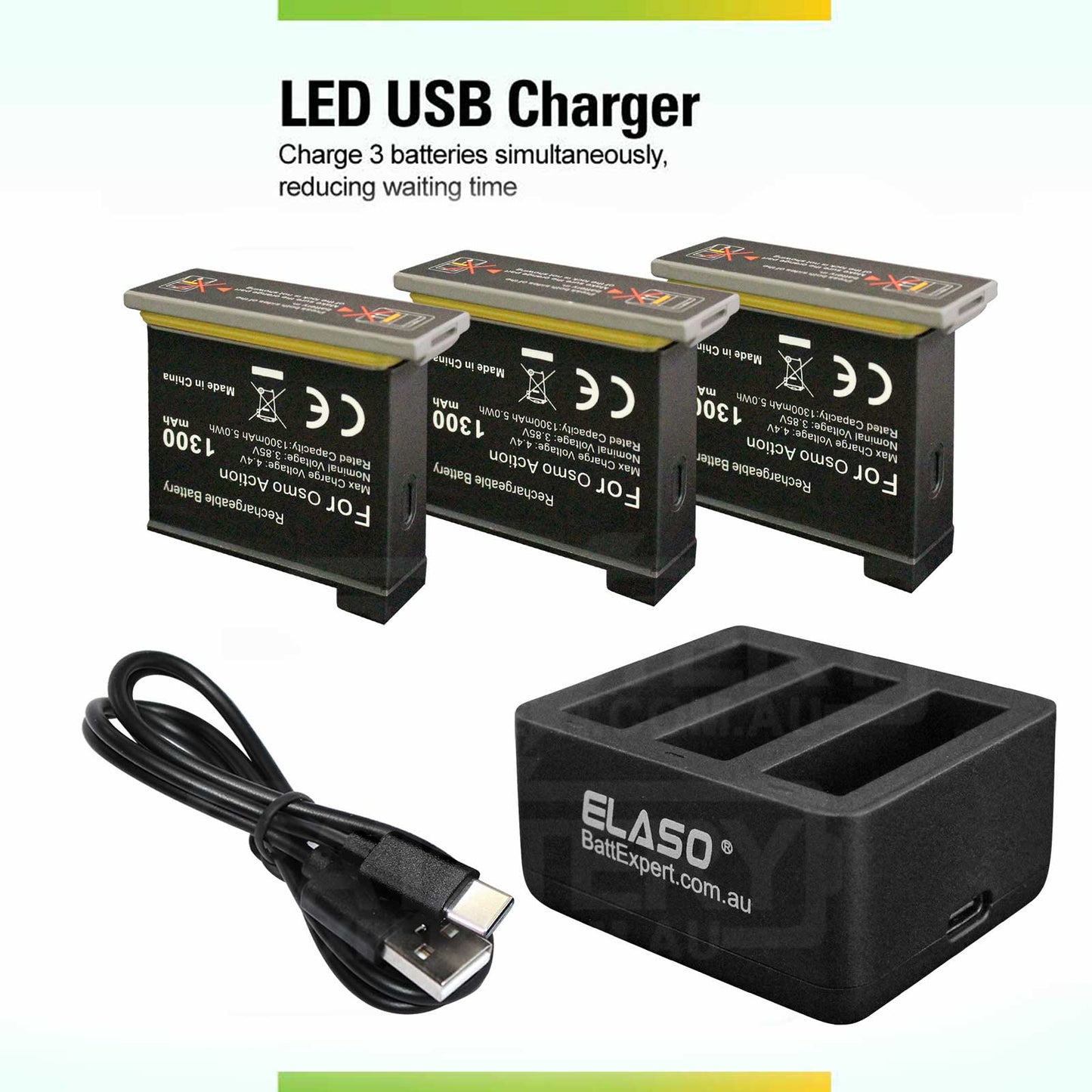 Replacement 3 Battery and External USB Triple Battery Charger for DJI Osmo Action Camera, Part OSMOAP1 AB1-1300mAh-3.85V