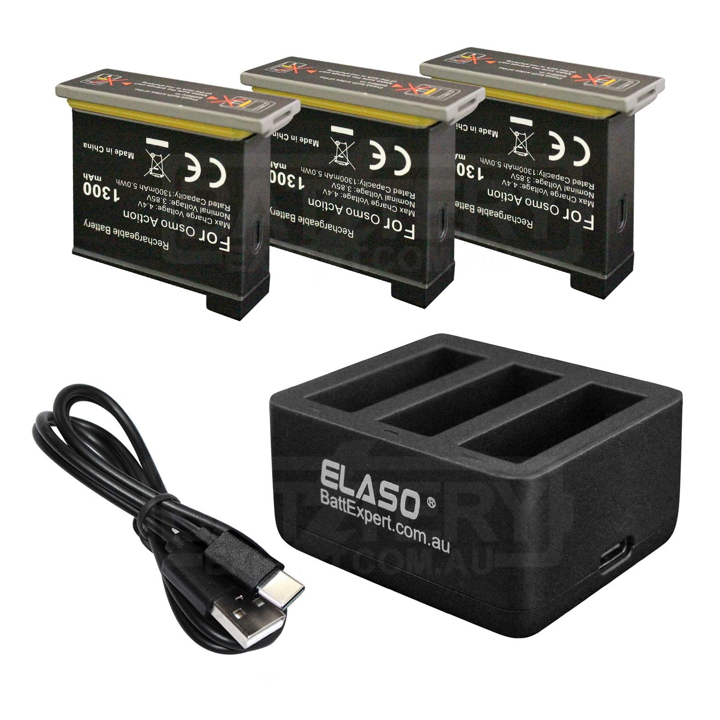 Replacement 3 Battery and External USB Triple Battery Charger for DJI Osmo Action Camera, Part OSMOAP1 AB1-1300mAh-3.85V