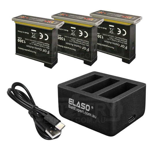Replacement 3 Battery and External USB Triple Battery Charger for DJI Osmo Action Camera, Part OSMOAP1 AB1-1300mAh-3.85V