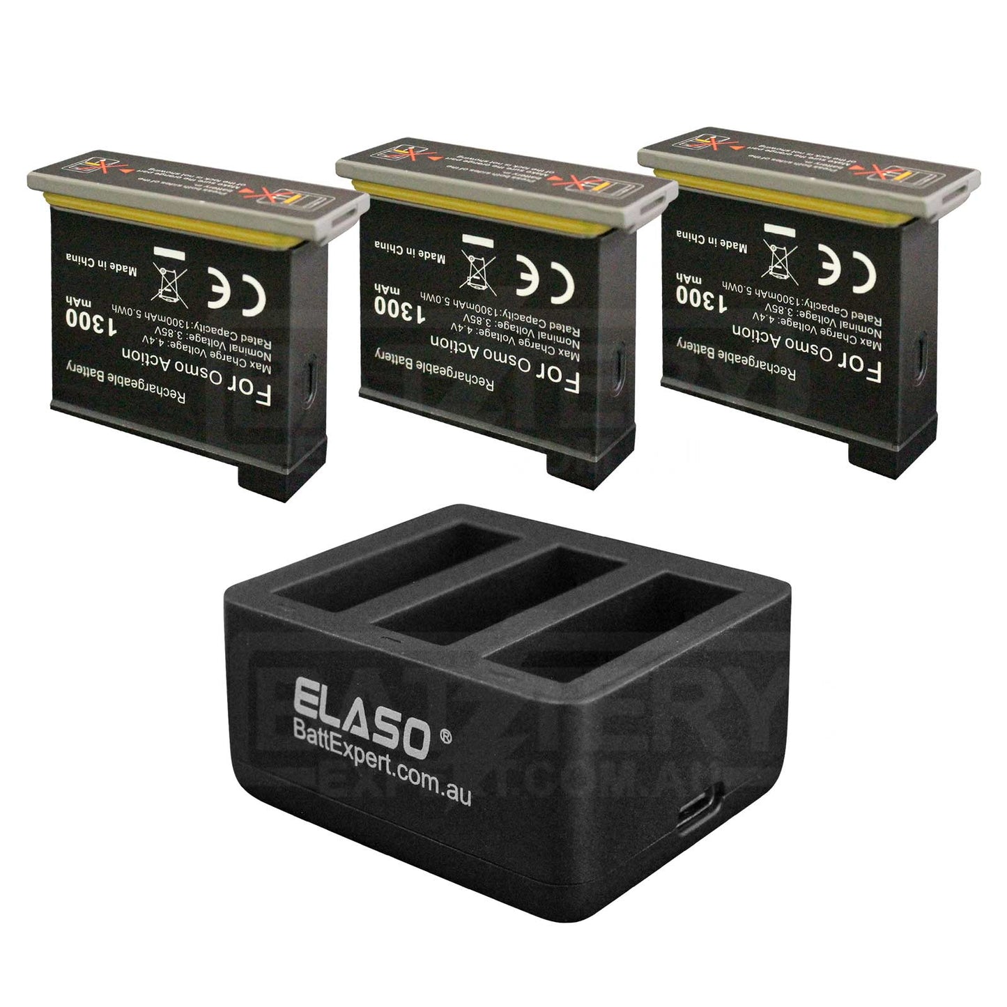 Replacement 3 Battery and External USB Triple Battery Charger for DJI Osmo Action Camera, Part OSMOAP1 AB1-1300mAh-3.85V