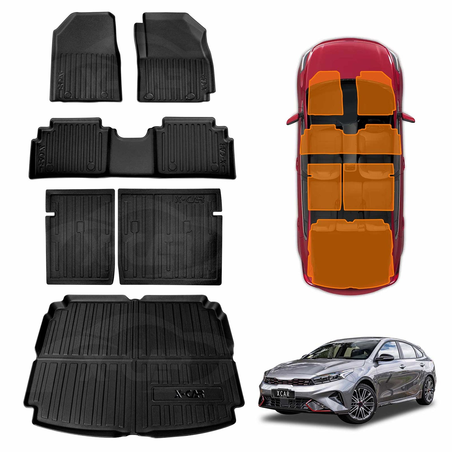3D Floor Mats Boot Liner Set for Kia Cerato Hatch 2018-2024 All Weather Heavy Duty Cargo Kick Mats Back Seat Protector Cover