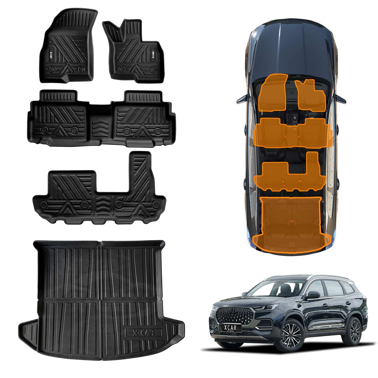 3D Floor Mats Boot Liner for Chery Tiggo 8 Pro Max 2024-Onwards All Weather Heavy Duty Cargo Car Trunk Luggage Tray Set of 5