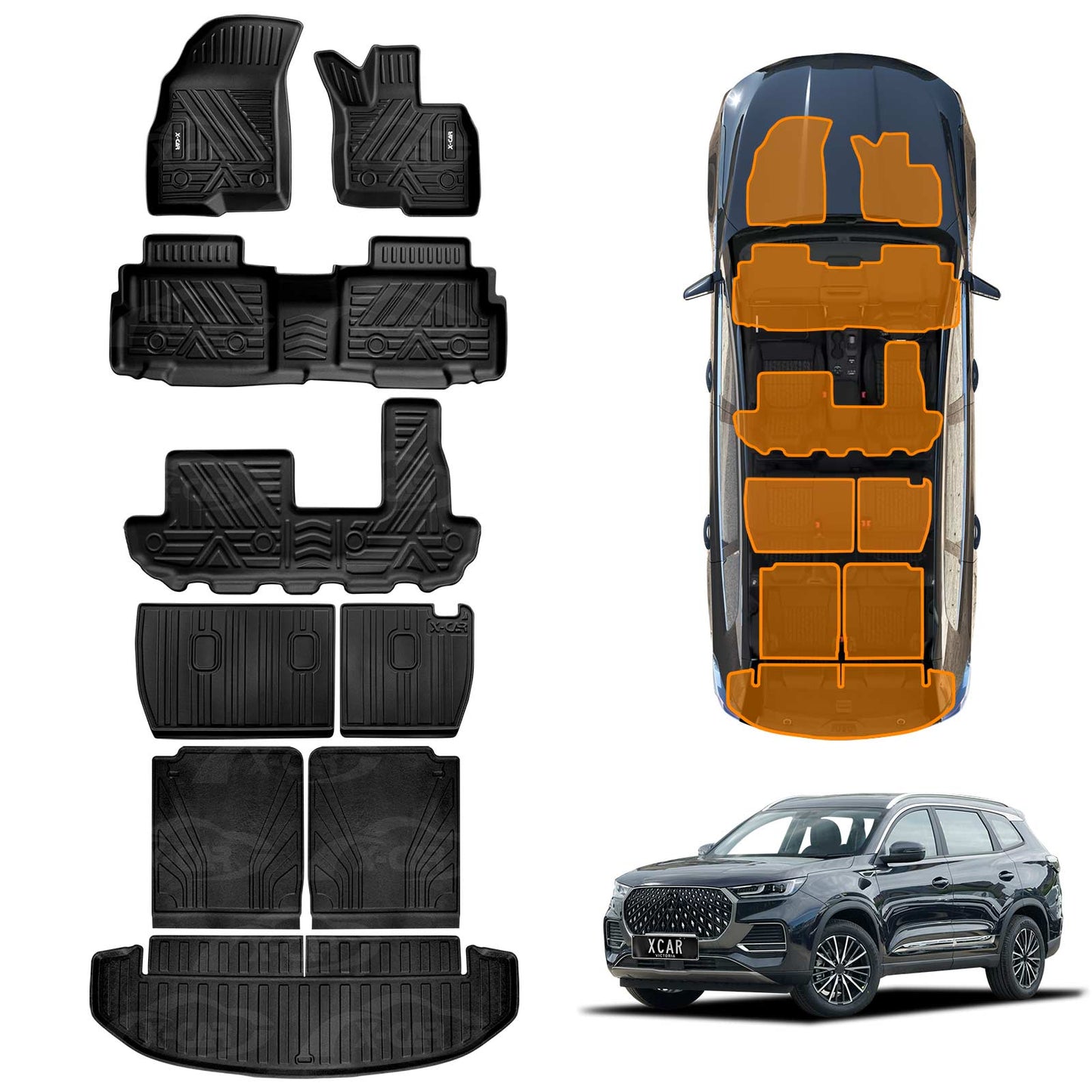 3D Floor Mats Boot Liners for Chery Tiggo 8 Pro Max 2024-Onwards All Weather Heavy Duty Cargo Kick Back Seat Protector Cover Set of 9