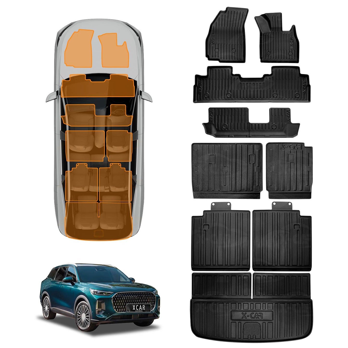 3D Floor Mats Boot Liners Set for Chery Tiggo 9 Super Hybrid 2025-Onwards All Weather Heavy Duty Kick Back Seat Protector Cover Trunk Cargo