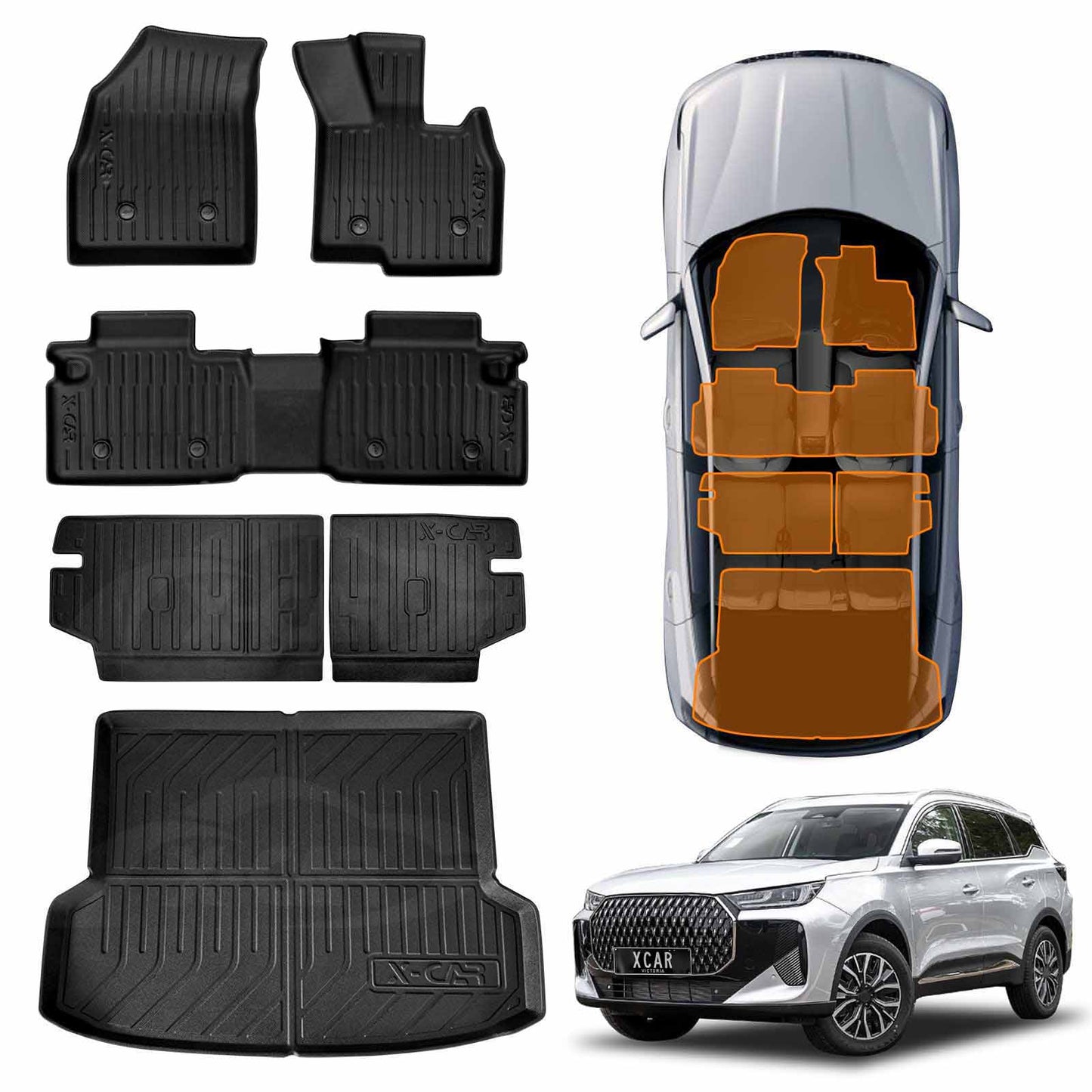 Floor Mats Boot Liner Set for Chery Tiggo 7 Super Hybrid 2025-Onwards All Weather Heavy Duty Car Trunk Cargo Kick Back Seat Cover