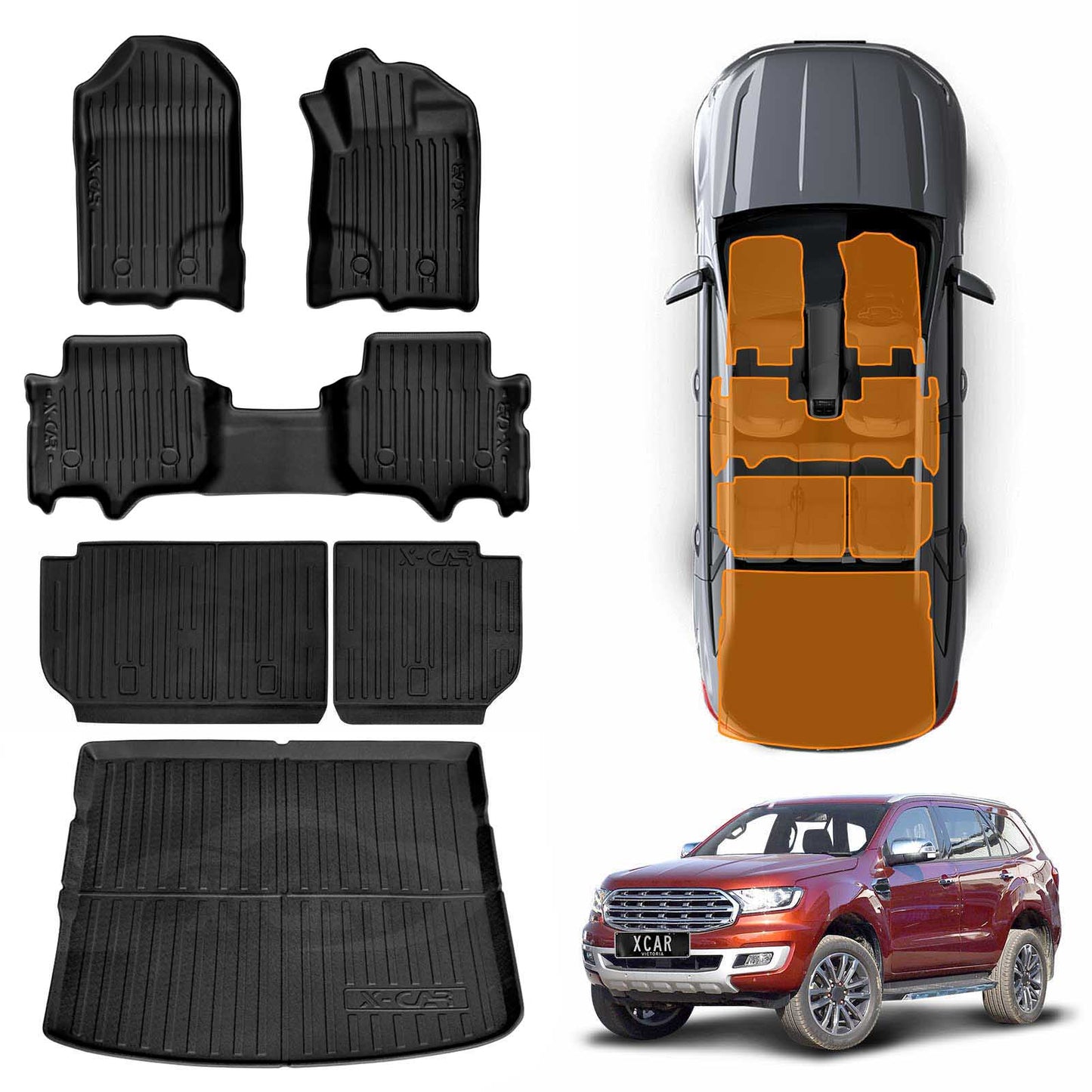 3D Floor Mats Boot Liner Set for Ford Everest 2015-2022 All Weather Heavy Duty Cargo Kick Mats Back Seat Protector Cover