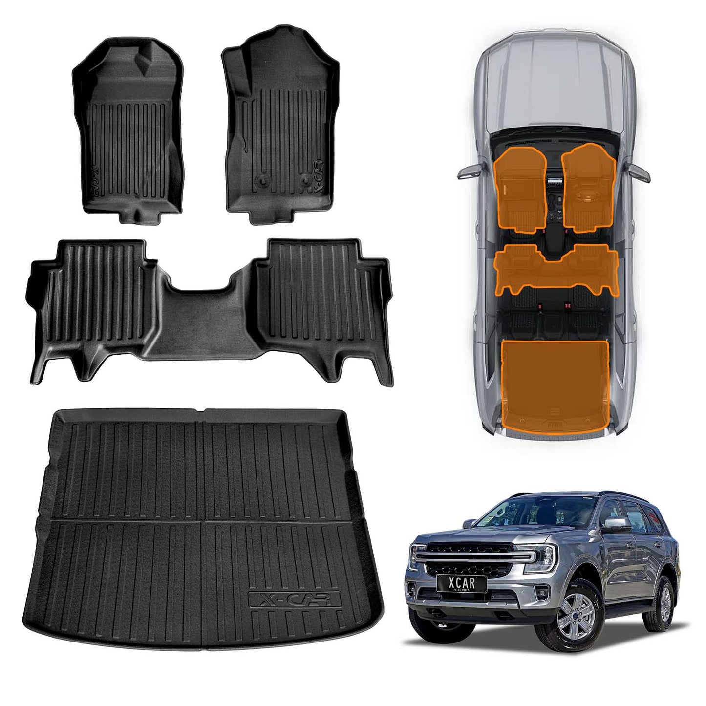 Front Rear Floor Mats Boot Liner for Ford Everest 2022-Onwards All Weather Heavy Duty Cargo Car Trunk Luggage Tray
