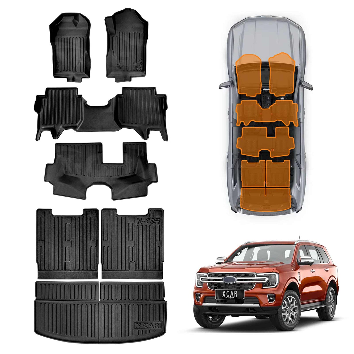 3-Pcs Boot Liner Floor Mats for Ford Everest 2022-2025 All Weather Heavy Duty Cargo Trunk Carpet Liner Set