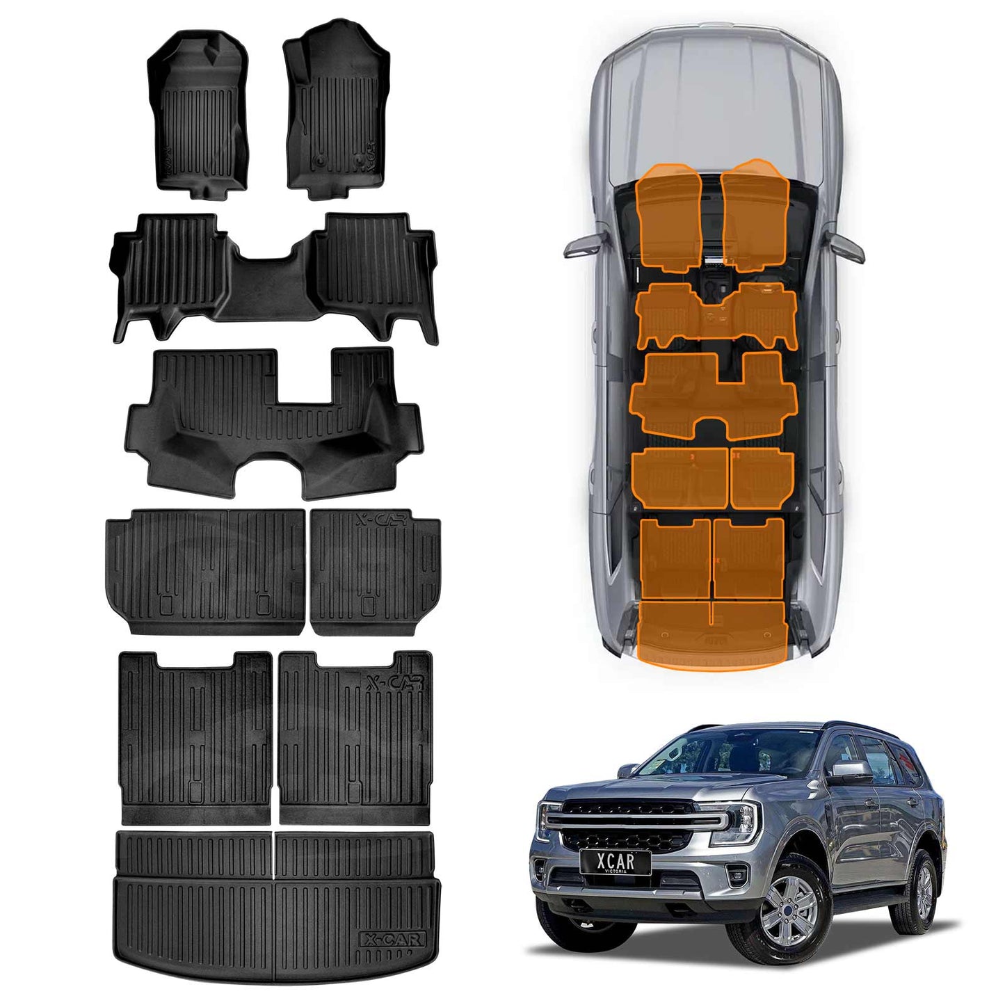 3-Pcs Boot Liner Floor Mats Set for Ford Everest 2022-2025 All Weather Heavy Duty Cargo Kick Mats Back Seat Protector Cover