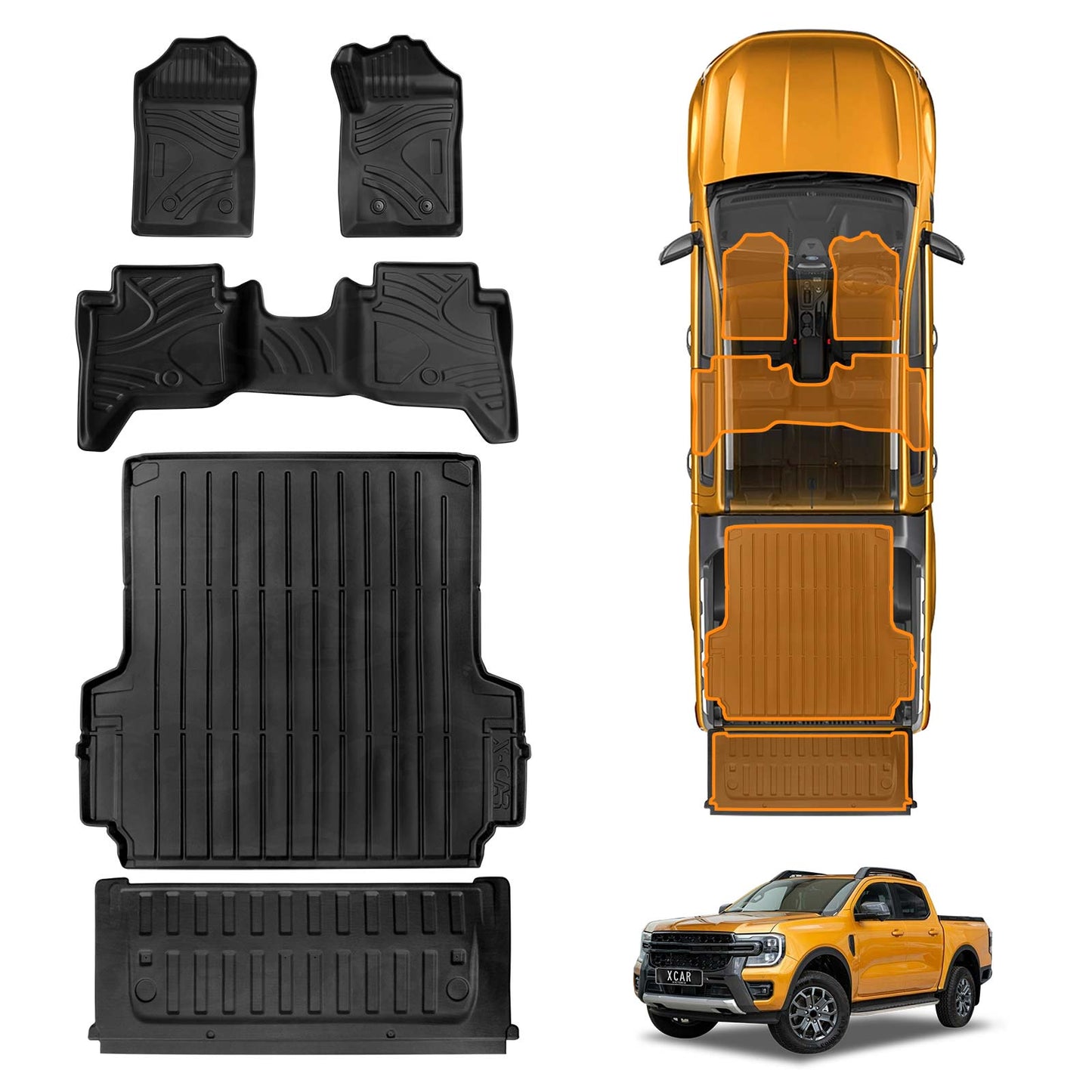 Floor Mats Tub Liner Set for Ford Next-Gen Ranger Raptor RA 2022-2025 with Plastic Tub All Weather Heavy Duty Car Trunk Tailgate Ute Protector