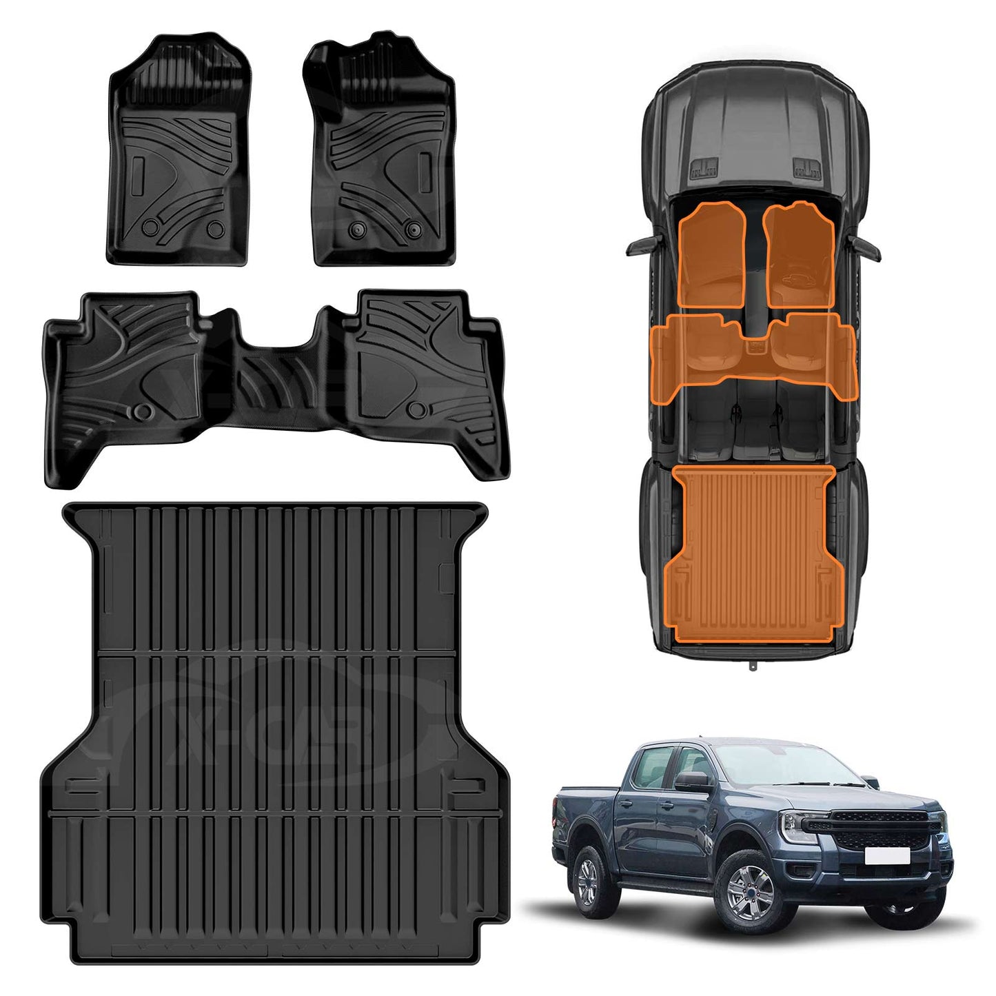 3D Car Floor Mats Tub Liner for Ford Next-Gen Ranger Raptor RA 2022-2025 Heavy Duty Cargo Trunk Mat Luggage Tray