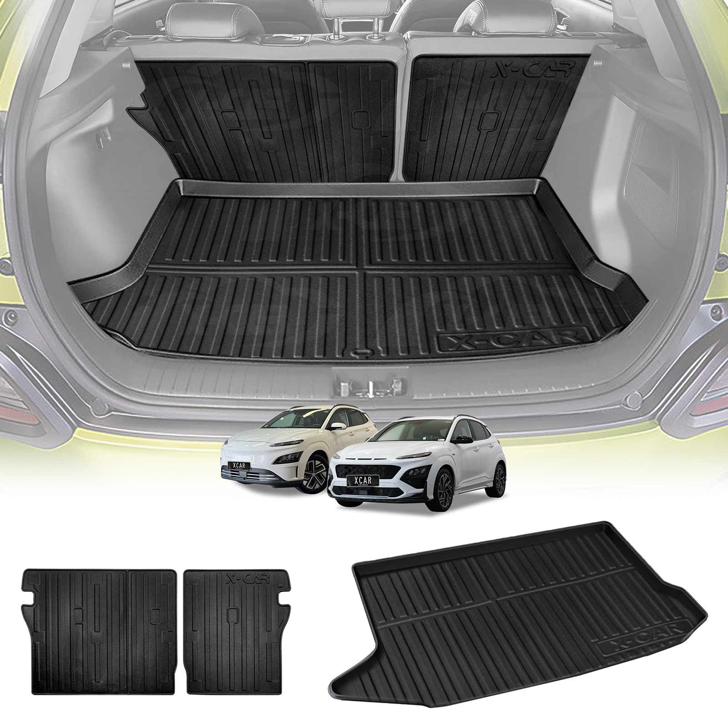Boot Liner Kick Mats Set for Hyundai Kona 2017-2023 All Weather Heavy Duty Cargo Car Trunk Back Seat Protector
