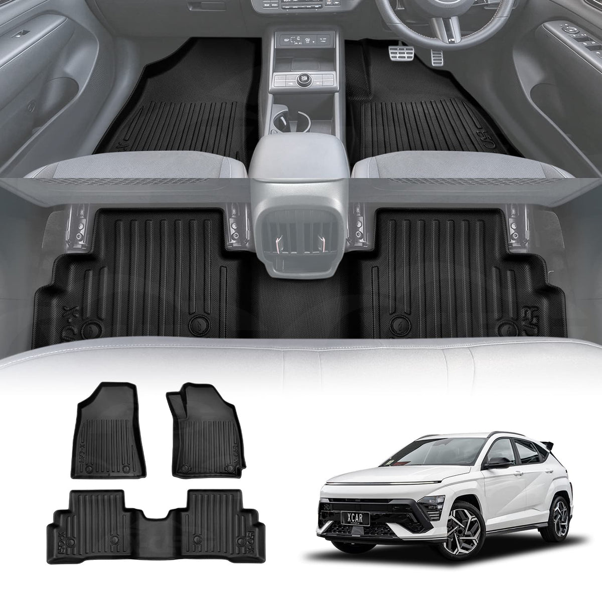 3D Floor Mats for Hyundai Kona 2023-Onwards Hybrid Heavy Duty All Weather Car Waterproof Interior Protection Liner Set