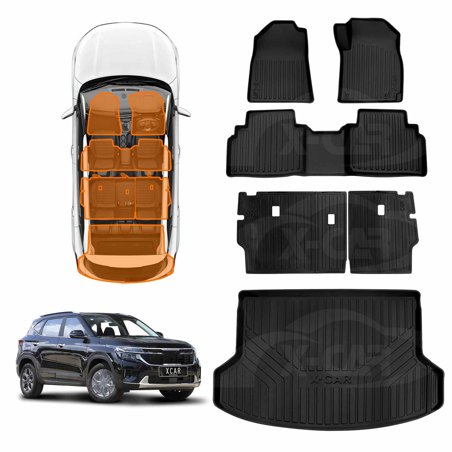 3D Floor Mats Boot Liner Set for Kia Seltos 2019-2022 All Weather Heavy Duty Cargo Kick Mats Back Seat Protector Cover