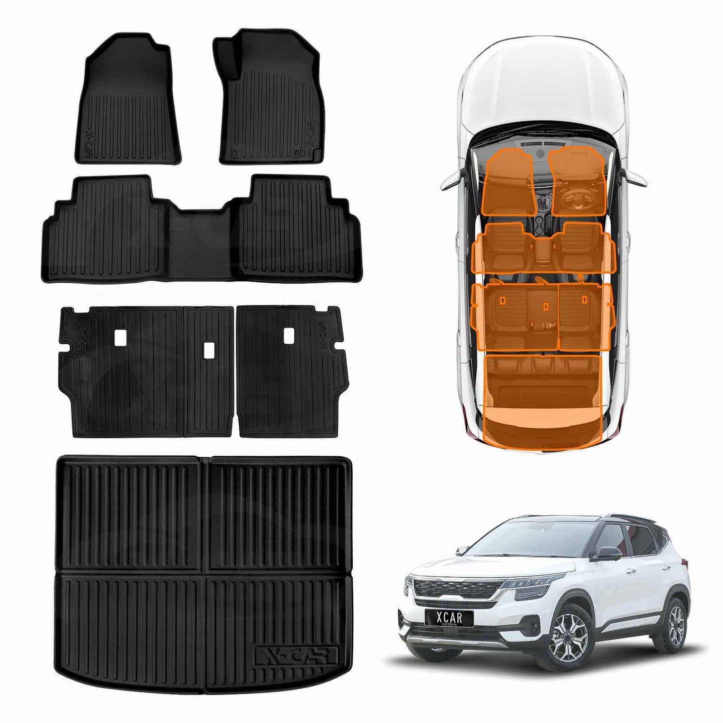 3D Floor Mats Boot Liner Set for Kia Seltos 2022-Onwards All Weather Heavy Duty Cargo Kick Mats Back Seat Protector Cover