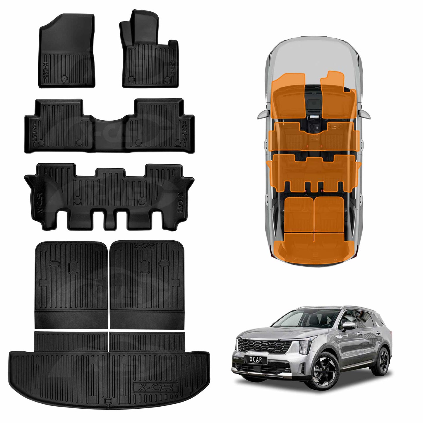 3D Floor Mats Boot Liners Set for Kia Sorento 2020-Onwards All Weather Heavy Duty Cargo Car Trunk Luggage Tray