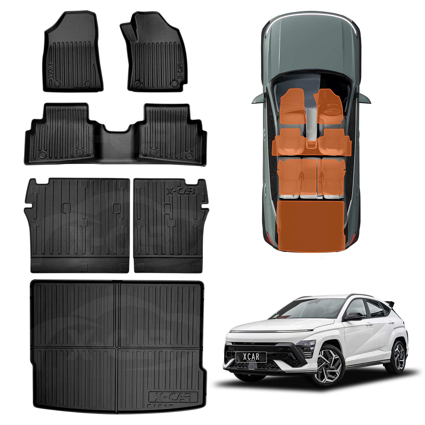 Floor Mats Boot Liner Set for Hyundai Kona 2023-2025 All Weather Heavy Duty Cargo Kick Mats Back Seat Protector Cover