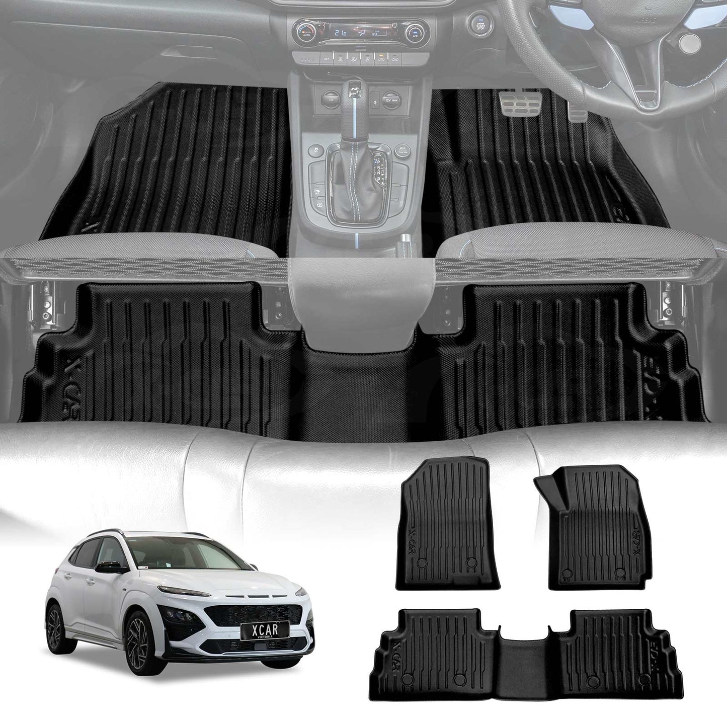 3D Floor Mats for Hyundai Kona 2017-2023 Petrol Heavy Duty All Weather Car Waterproof Interior Protection Liner Set