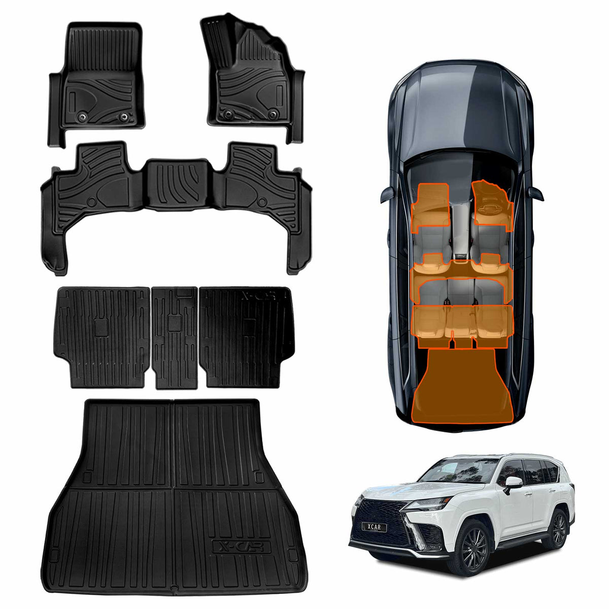 Floor Mats Boot Liner Set for Lexus LX Series LX500d LX600 2021-Onwards 5-Seater Heavy Duty Cargo Kick Back Seat Protector Cover