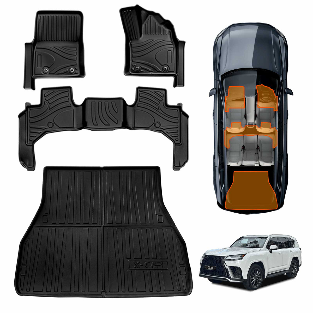 Floor Mats Boot Liner Set for Lexus LX Series LX500d LX600 2021-Onwards 5-Seater Heavy Duty All Weather Car Cargo Cover