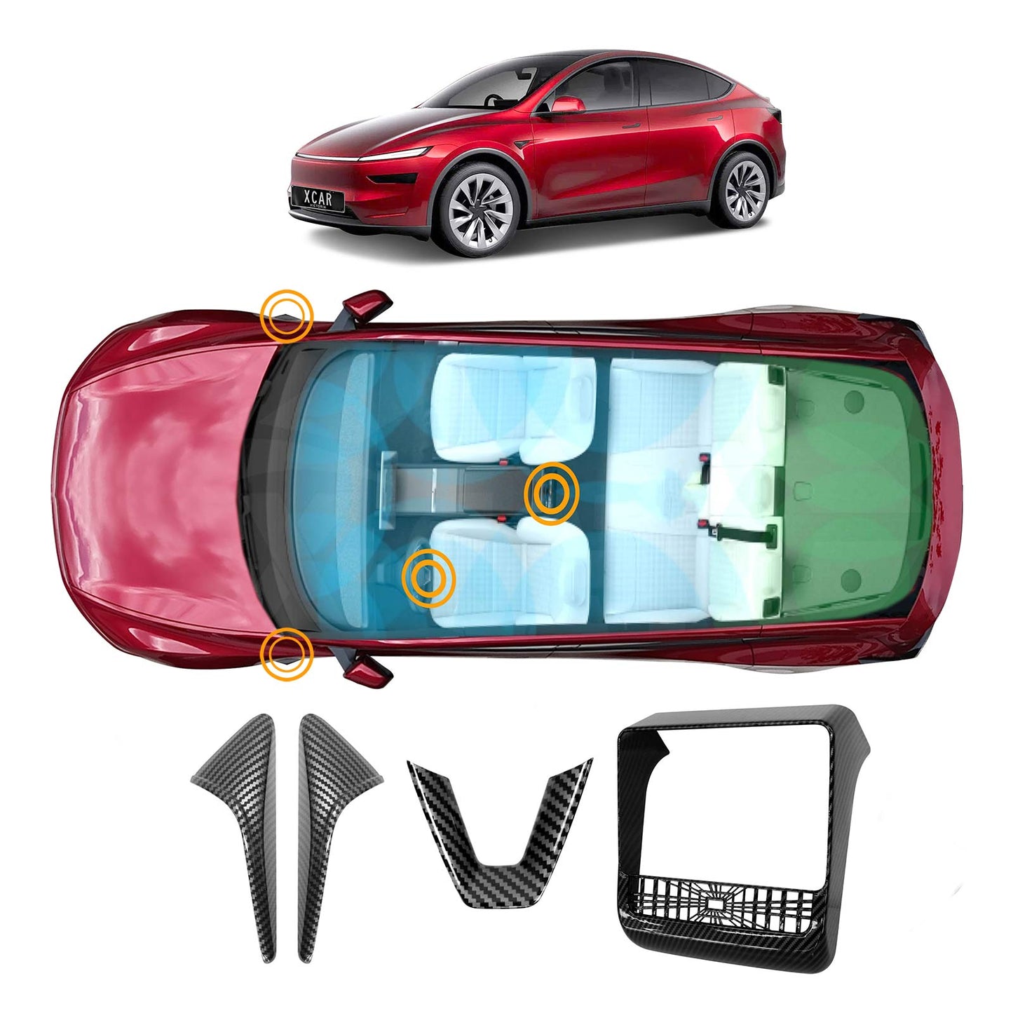 Carbon Fiber Style Panel Trim Set for Tesla Model Y Juniper 2025-Onwards Side View Camera Rear AC Vent Steering Wheel Accessories
