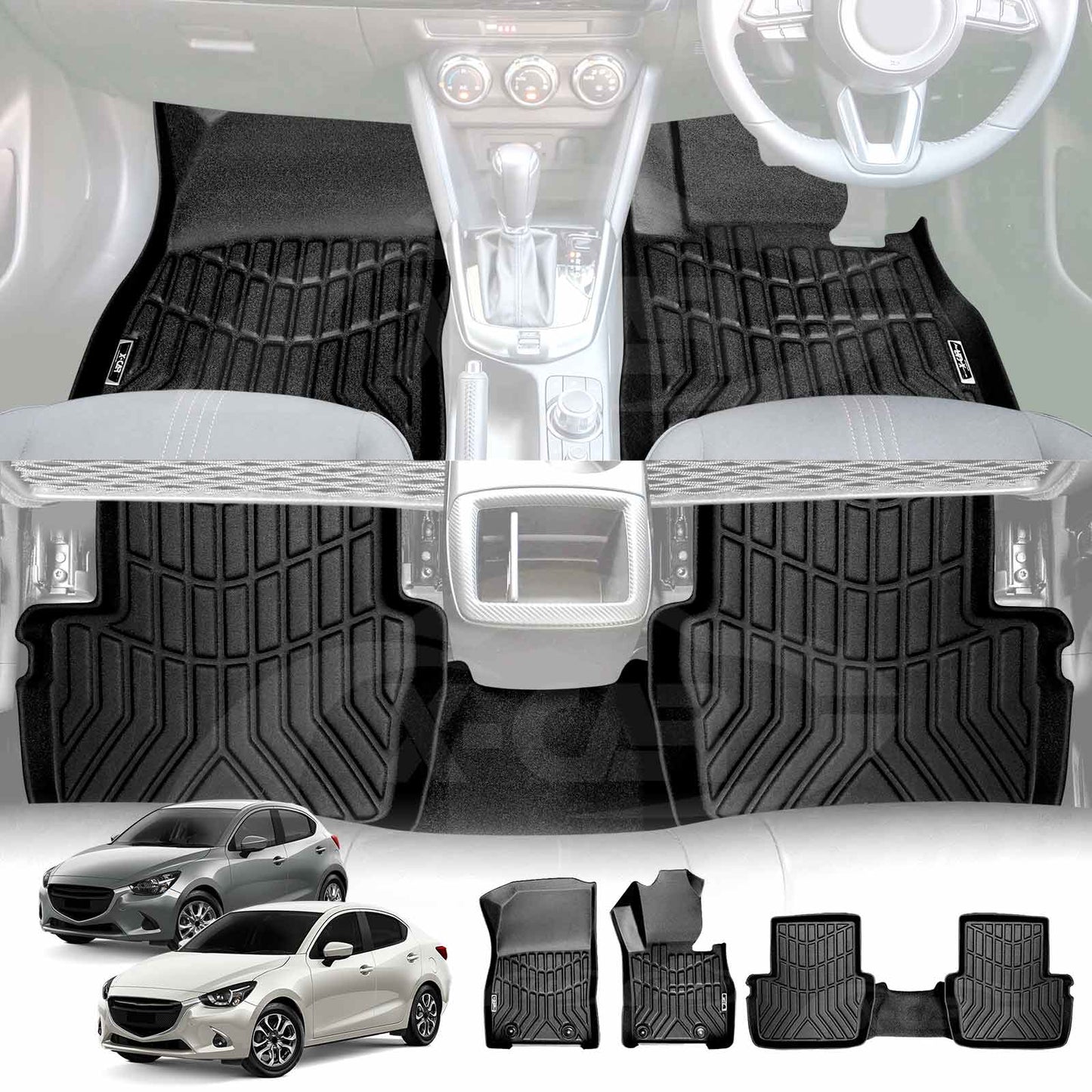 3D All-Weather Floor Mats for Mazda 2 Hatch & Sedan 2014-2025 DJ/DL Series Heavy Duty Customized Car Floor Liners Full Set Carpet