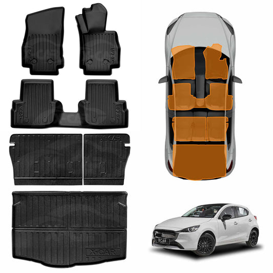 3D Floor Mats Boot Liner Set for Mazda 2 Hatch 2014-2025 DJ Series  All Weather Heavy Duty Cargo Kick Mats Back Seat Protector Cover