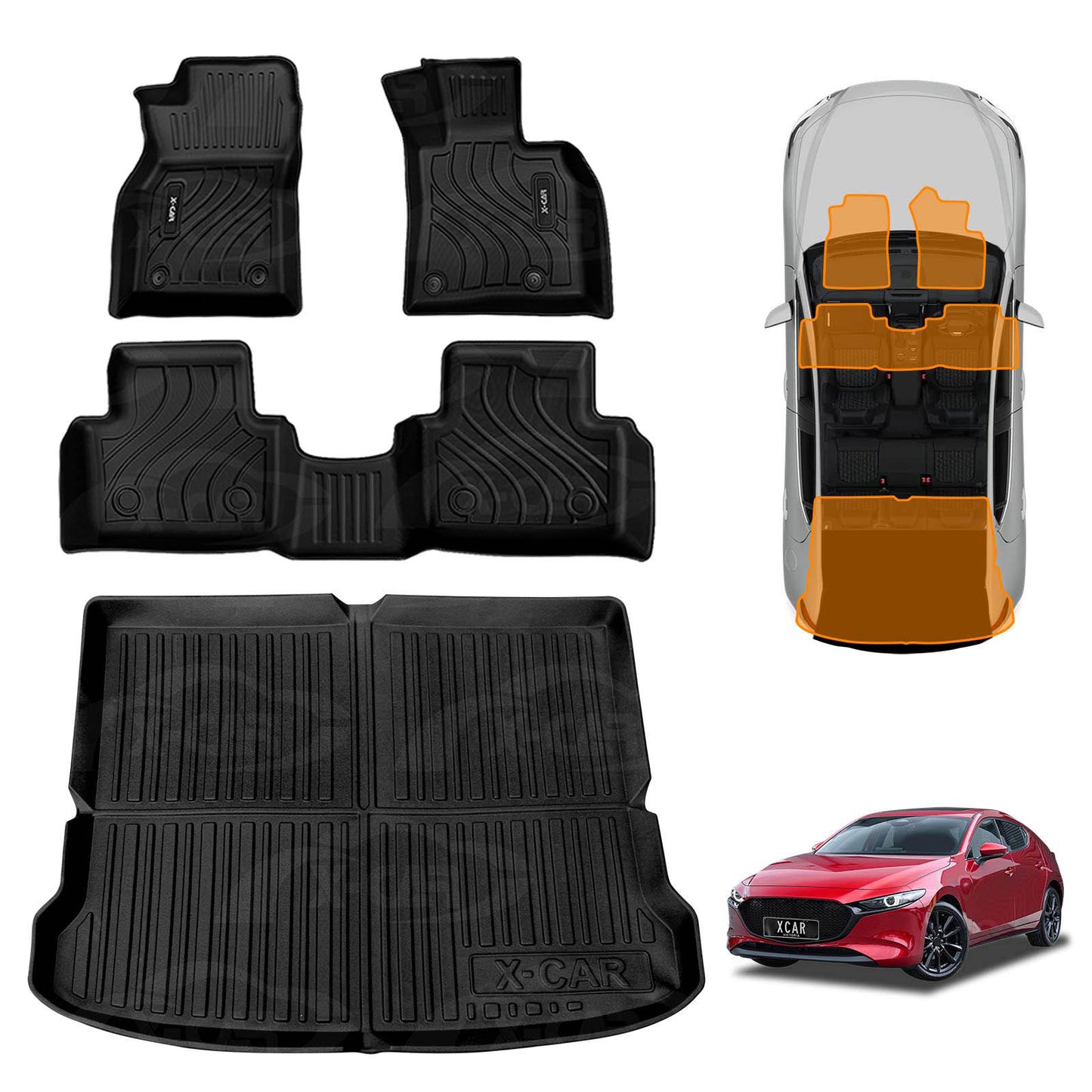 3D Floor Mats Boot Liner Set for Mazda 3 BP Series Hatch 2019-Onwards All Weather Heavy Duty Cargo Car Trunk Luggage Tray