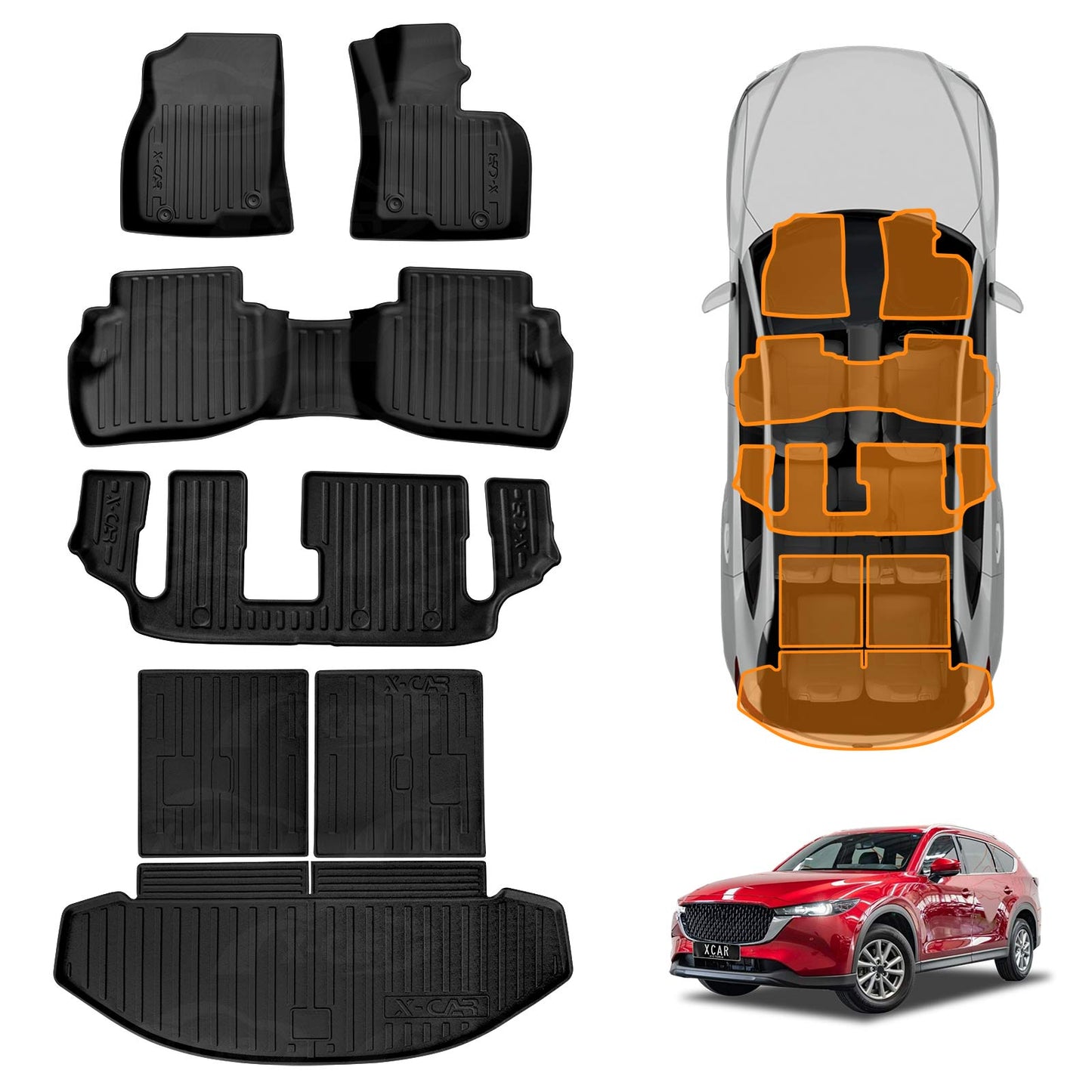 3D Floor Mats Boot Liners Set for Mazda CX-8 CX8 2018-2024 All Weather Heavy Duty Cargo Car Trunk Luggage Tray