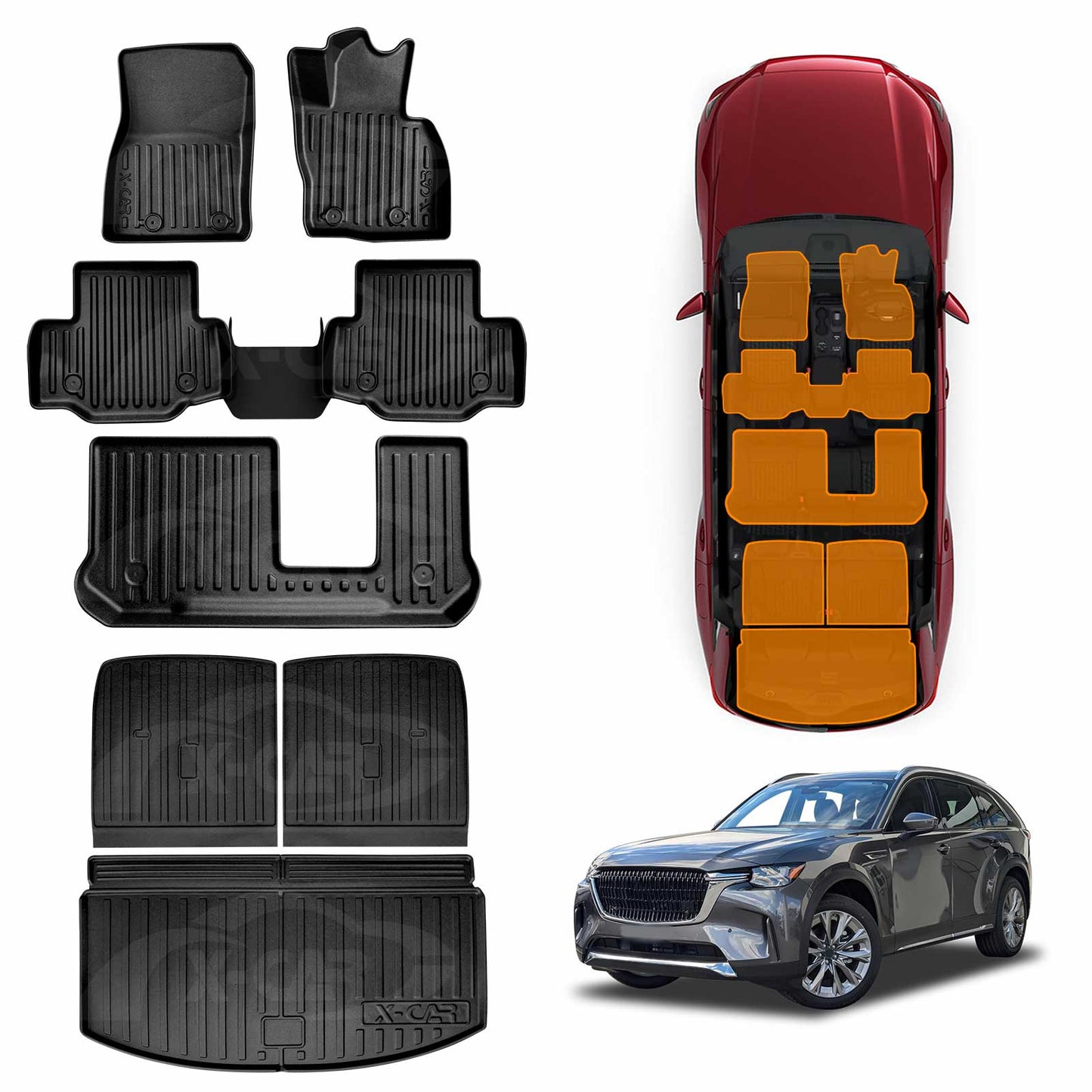 3D Car Floor Mats Boot Liner Set for Mazda CX-90 CX90 2023-2025 Heavy Duty All Weather Cargo Trunk Mat Luggage Tray