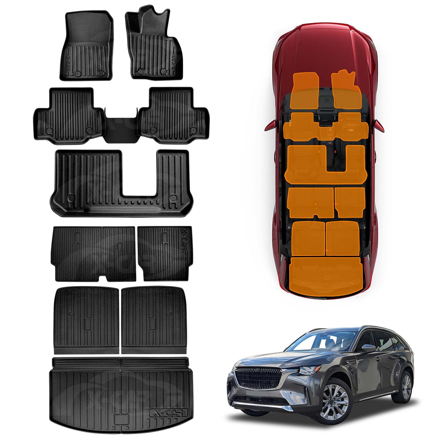 Floor Mats Boot Liner Set for Mazda CX-90 CX90 2023-Onwards All Weather Heavy Duty Cargo Kick Mats Back Seat Protector Cover
