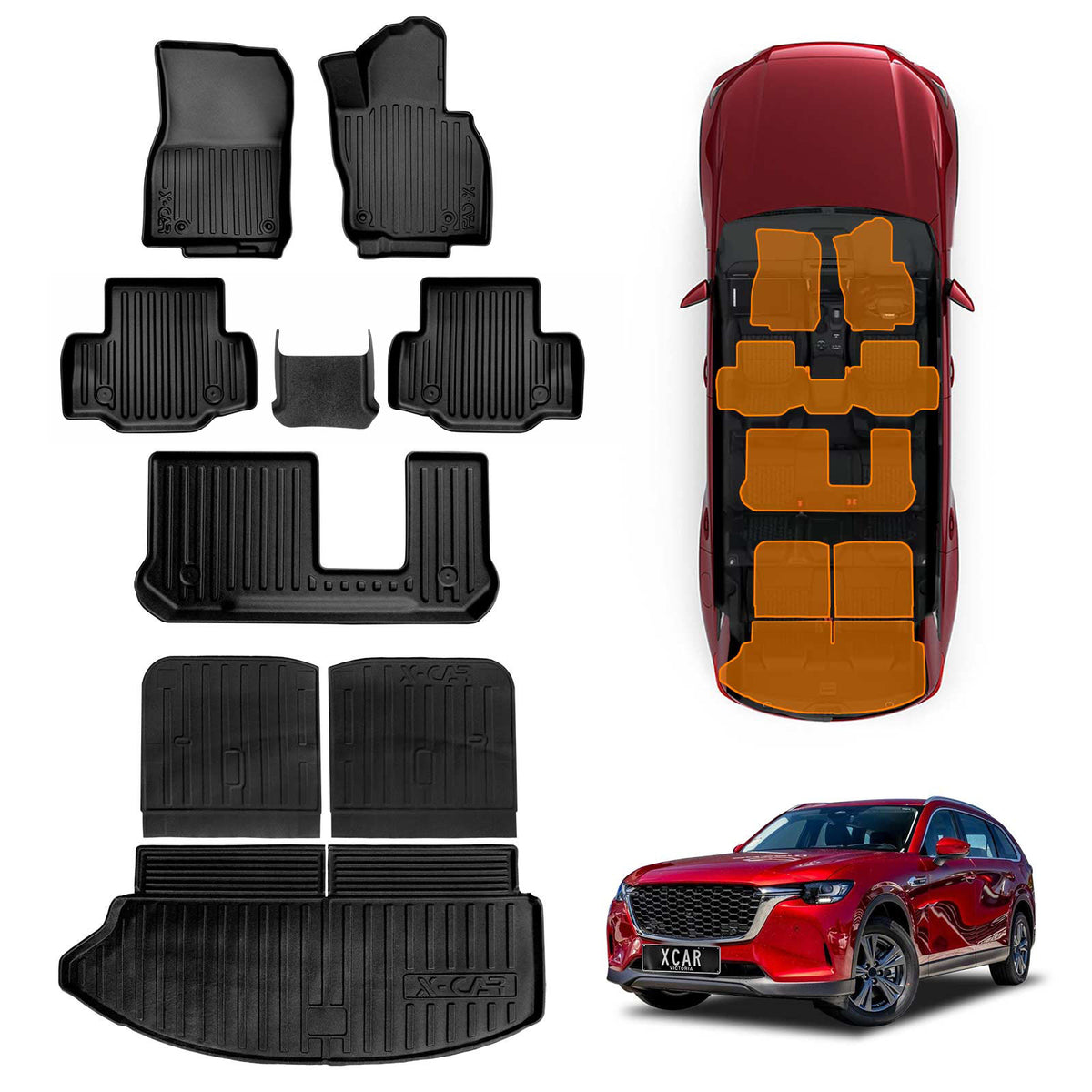3D Floor Mats Boot Liner Set for Mazda CX-80 CX80 2024-Onwards All Weather Heavy Duty Cargo Car Trunk Luggage Tray