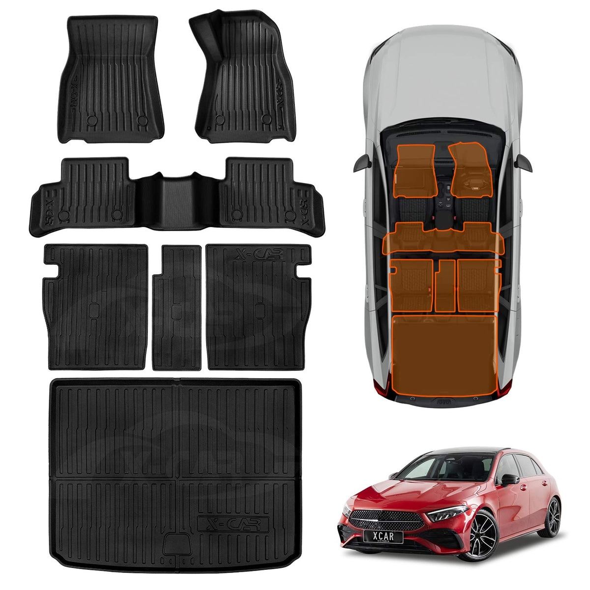 Floor Mats Boot Liner Set for Mercedes-Benz A-Class W177 Hatch 2018-Onwards All Weather Heavy Duty Cargo Kick Back Seat Protector Cover