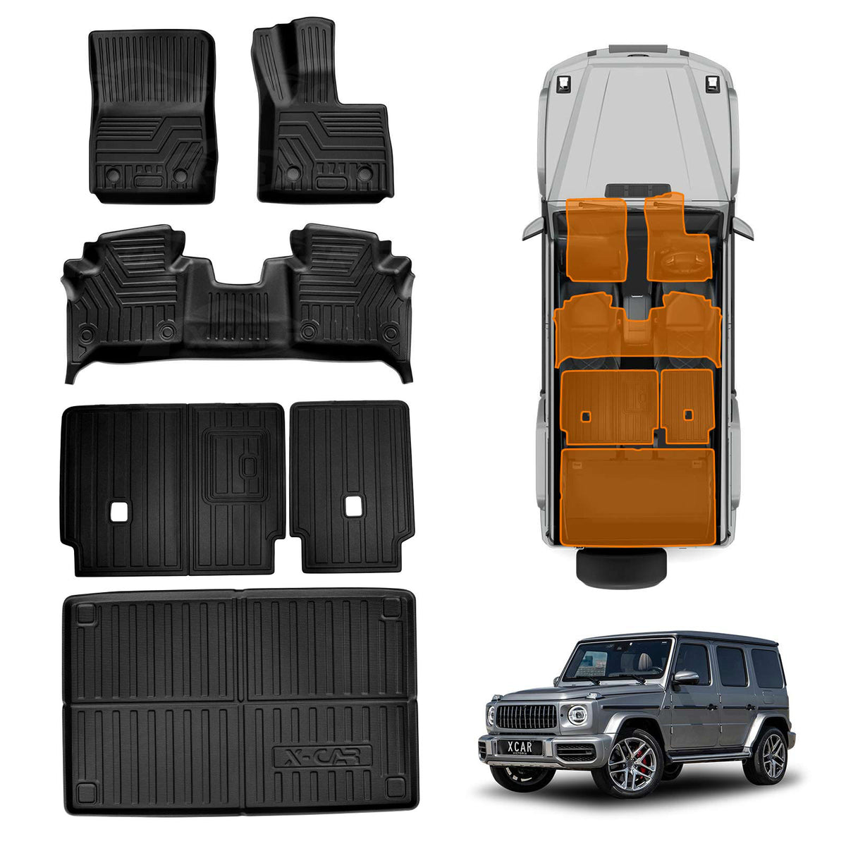 3D Floor Mats Boot Liner Set for Mercedes-Benz G-Class W463 2019-Onwards All Weather Heavy Duty Cargo Kick Mats Back Seat Protector Cover