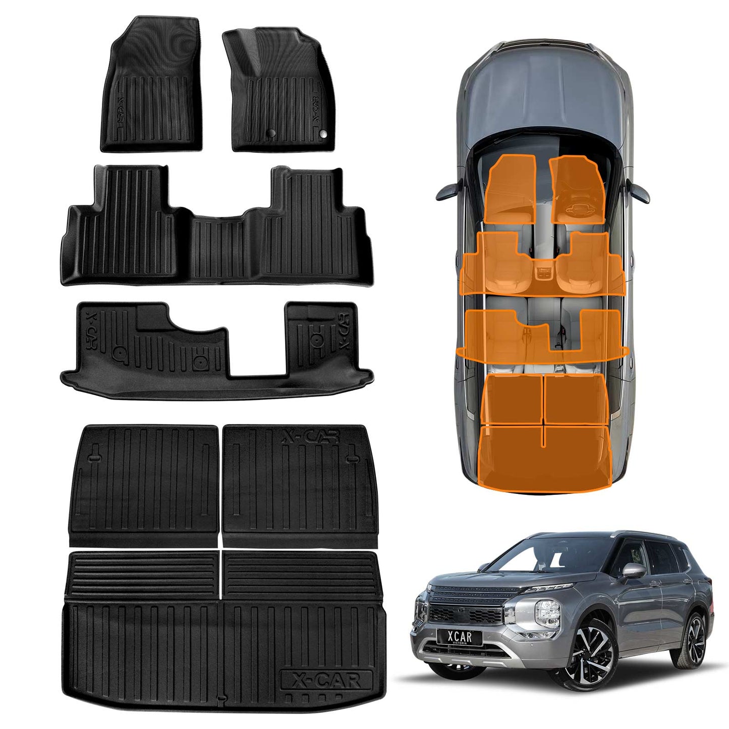 3 Pcs Boot Liners Floor Mats for Mitsubishi Outlander ZM 7 Seater 2021-2025 All Weather Heavy Duty TPE Cargo Car Trunk Luggage Tray