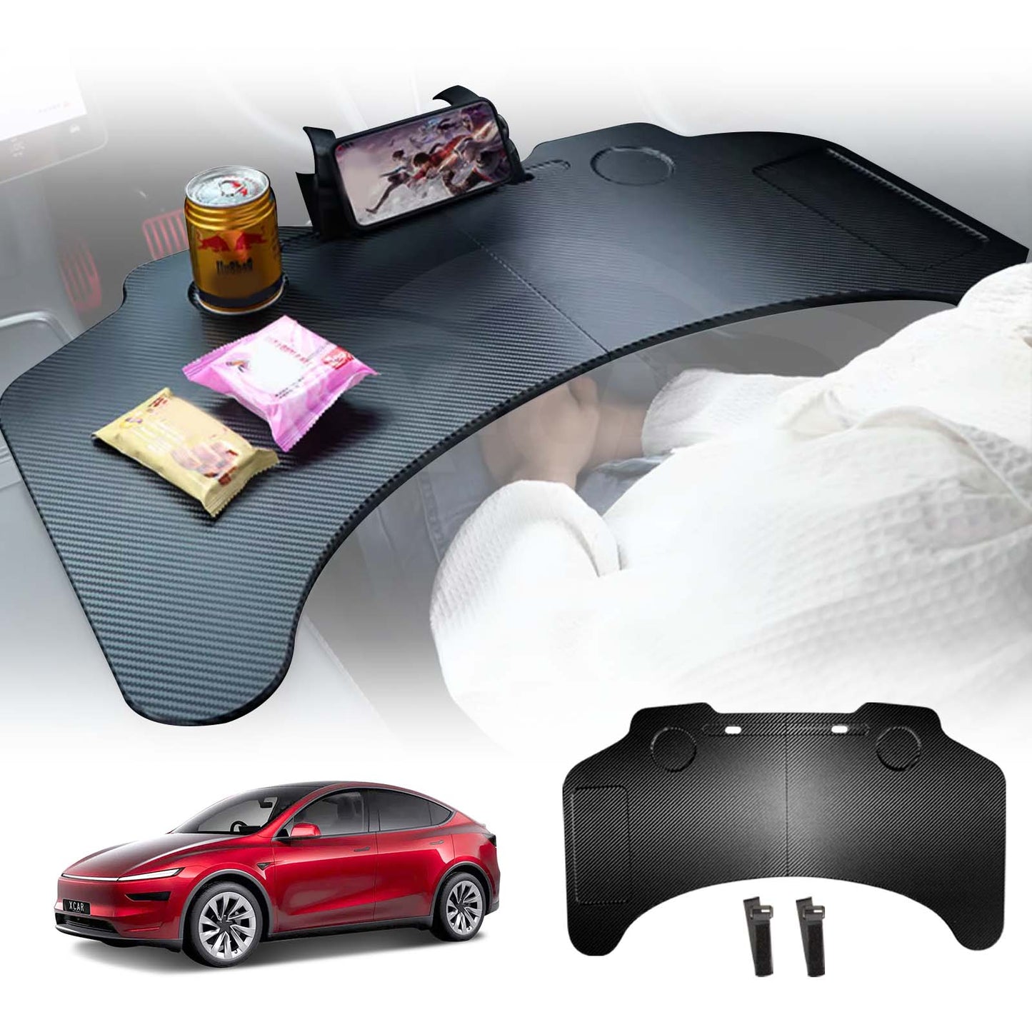 Foldable Table Tray for Tesla Model Y Juniper 2025-Onwards Carbon Fibre Style Workstation Desk Interior Accessories