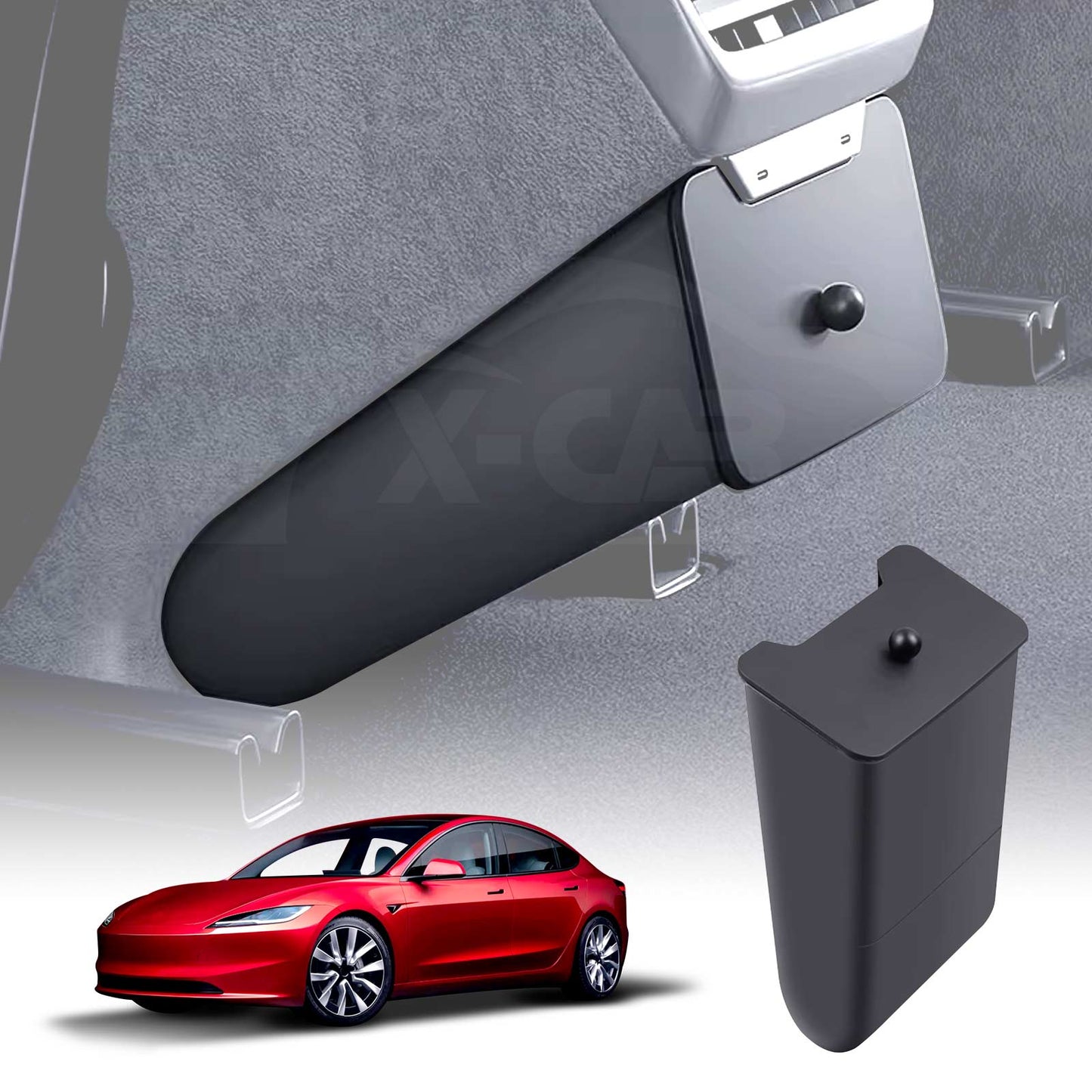Premium ABS Rear Bin with Magnetic Lid for Tesla Model 3 Highland 2023-2025 Trash Can Interior Car Organizer Accessories