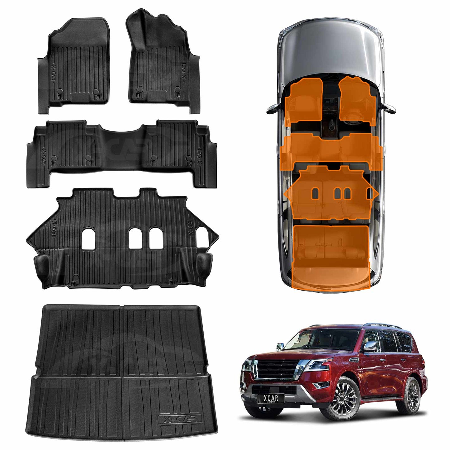 3D Floor Mats Boot Liner Set for Nissan Patrol 2012-2024 Y62 Series All Weather Heavy Duty Cargo Car Trunk Luggage Tray