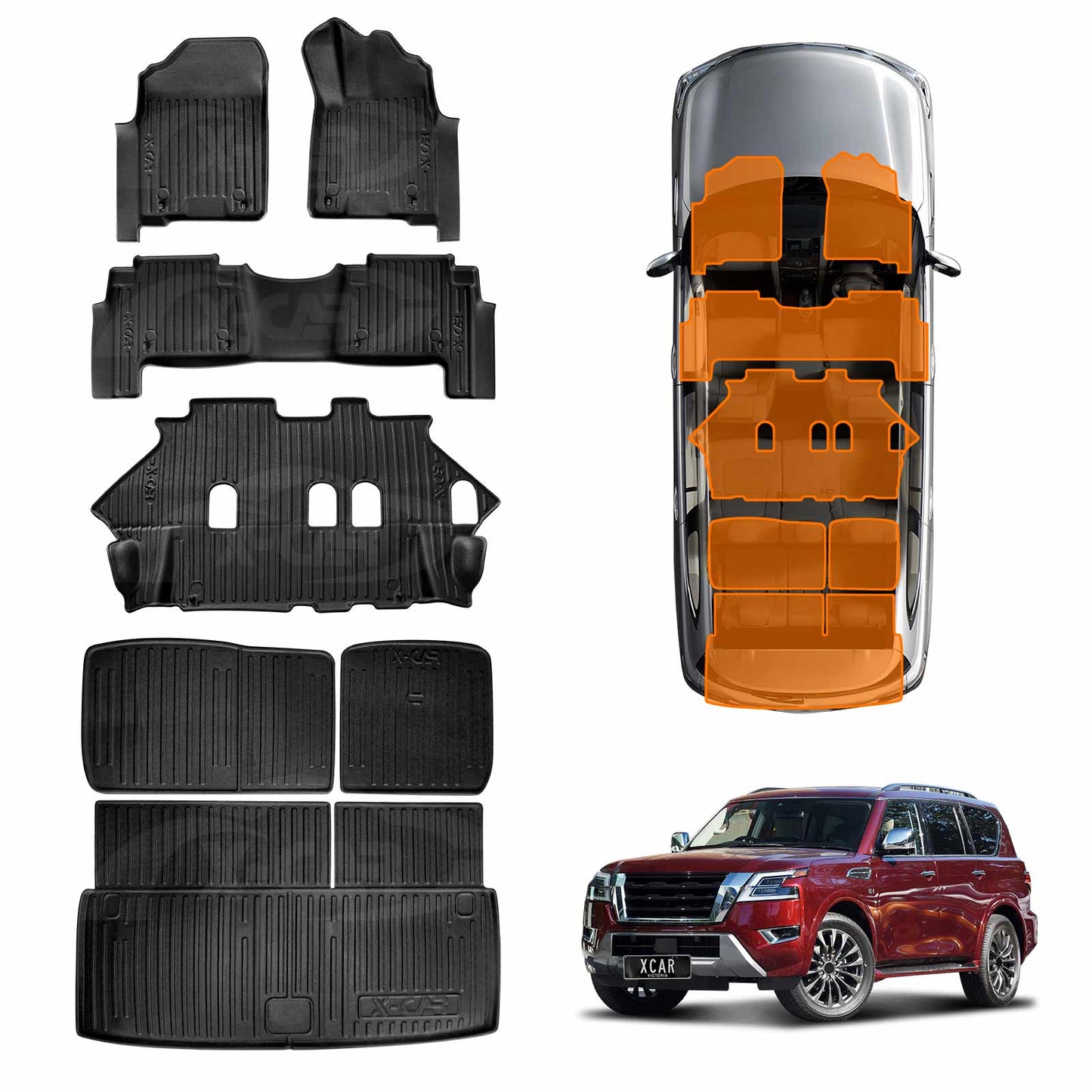 Floor Mats Boot Liners Set for Nissan Patrol 2012-2024 Y62 Series All Weather Heavy Duty 3 Pcs Version Cargo Car Trunk Luggage Tray