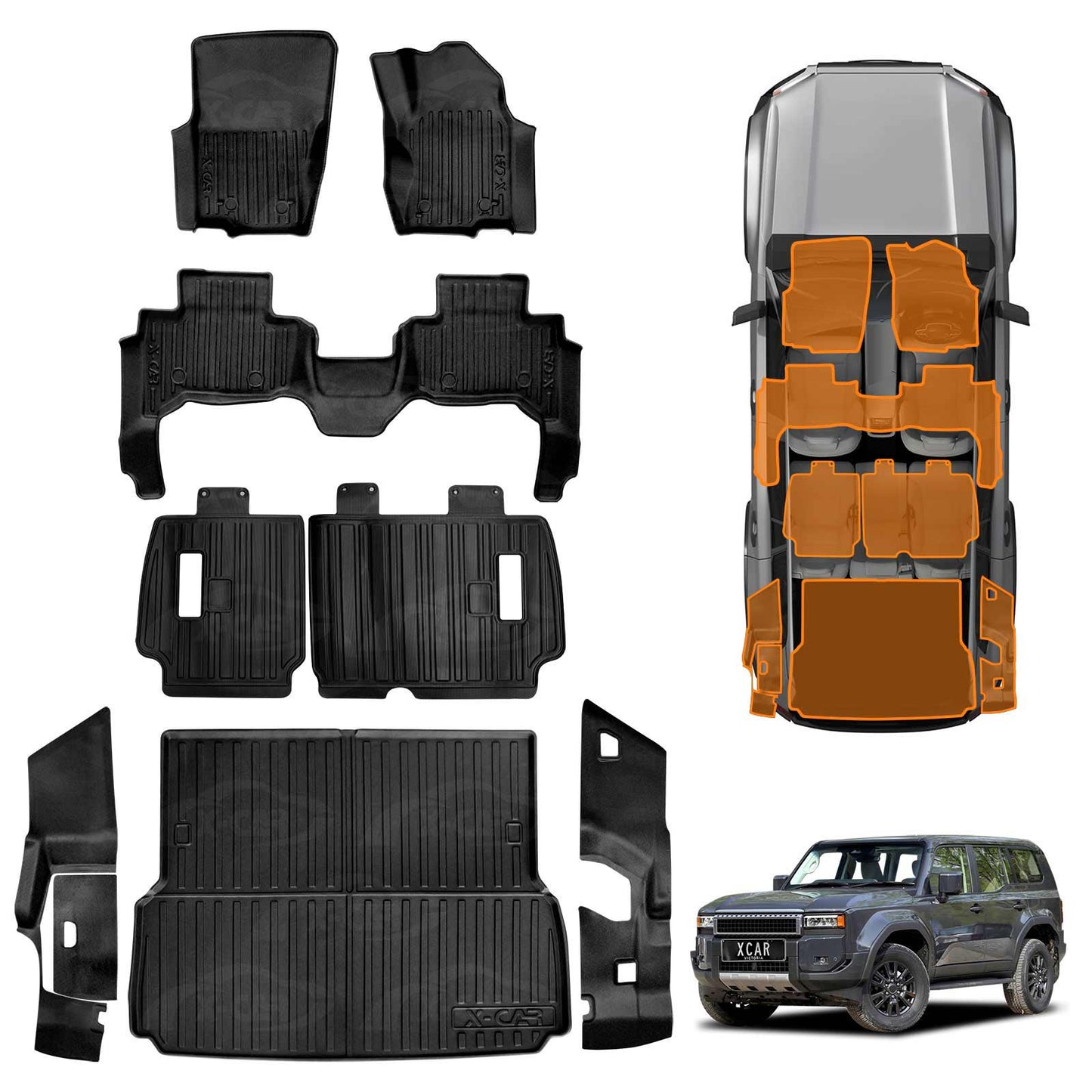 Floor Mats Boot Liner Set for Toyota Prado 250 5-Seater 2024-Onwards All Weather Heavy Duty Cargo Kick Back Seat Side Trunk Protector Covers