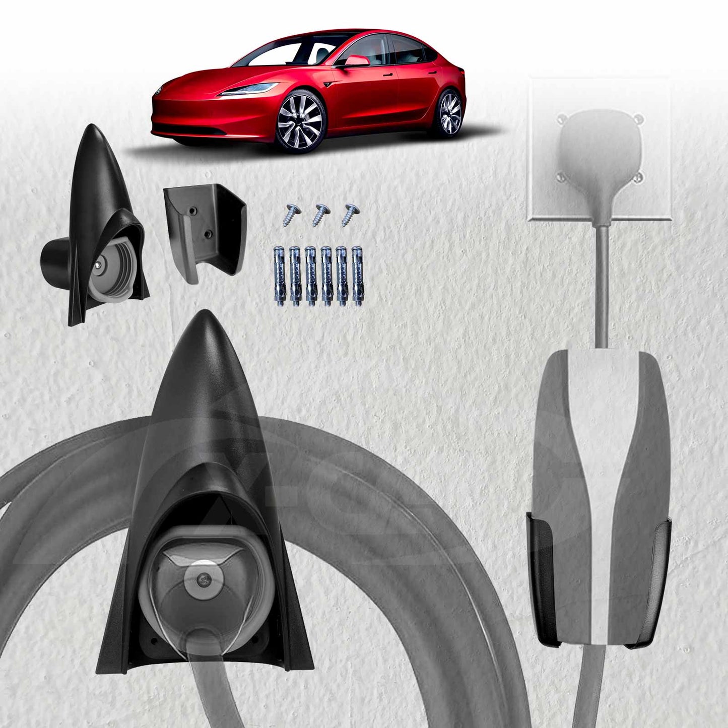 Rocket Style Charger Holder for Tesla Model Y Juniper 2025-Onwards Charging Cable Organizer Wall Mount Adapter Connector with Chassis Bracket