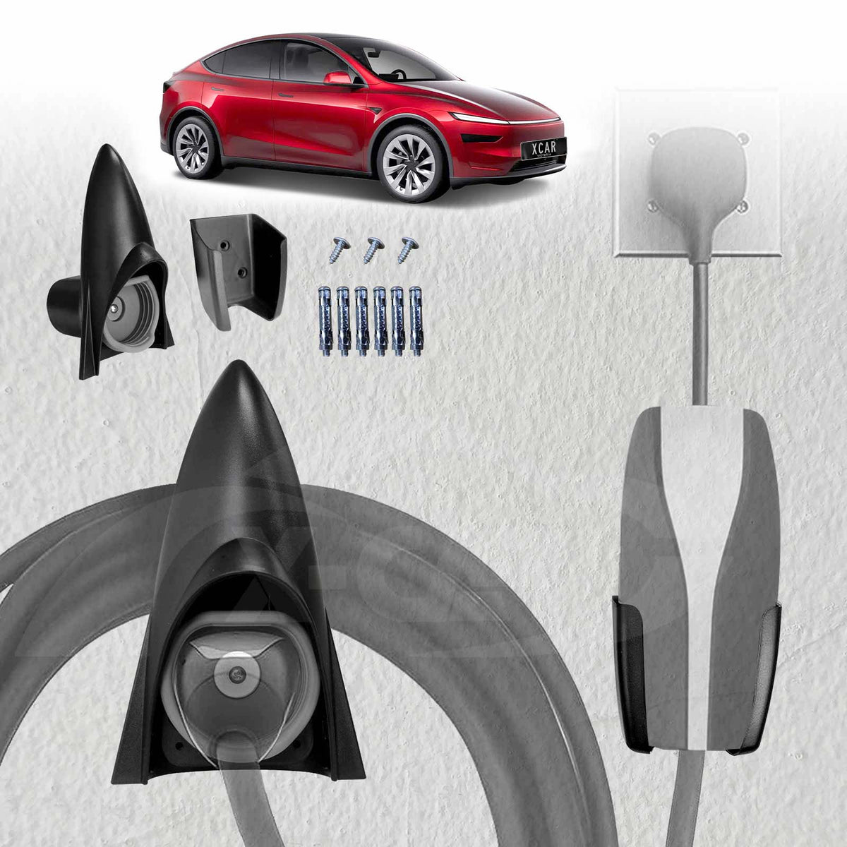 Rocket Style Charger Holder for Tesla Model Y L 6-Seat 2026-Onwards Charging Cable Organizer Wall Mount Adapter Connector with Chassis Bracket